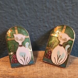 Moon Cat In Window Cloisonnè Earrings